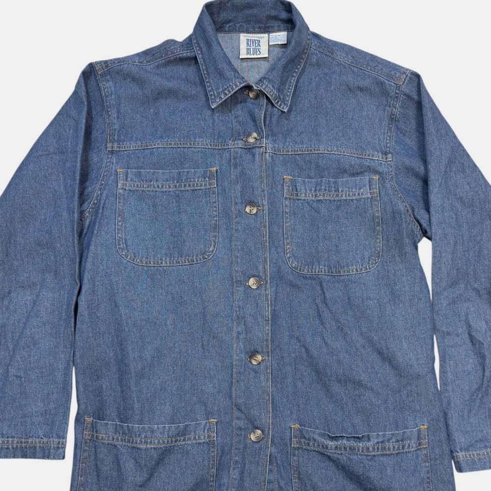 Mississippi River Blues Denim Chore Jacket M Womens 4-Pocket Button Up Blue